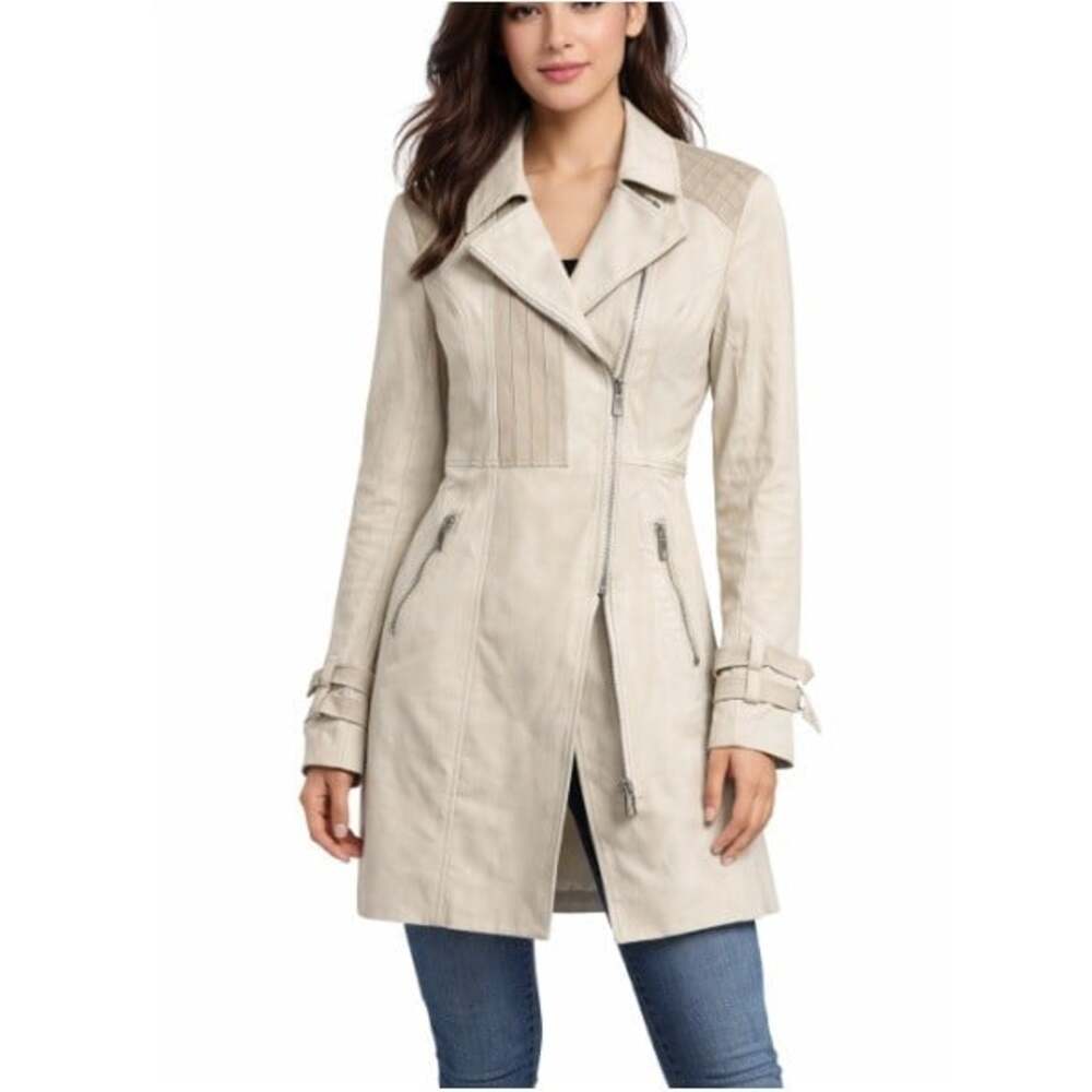 Runway New York Women's Cream Beige Suede Trim Belted Moto Trench Coat Size S